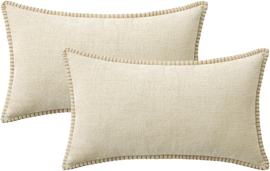 MIULEE Pack of 2 Christmas Pillow Covers 12x20 Inch Cream White Farmhouse Decorative Throw Pillow Covers with Stitched Edge Soft Chenille Solid Dyed Couch Pillow Covers for Sofa Bed Living Room