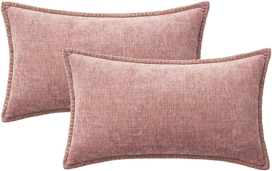MIULEE Pack of 2 Couch Throw Pillow Covers 12x20 Inch Blush Pink Farmhouse Decorative Pillow Covers with Stitched Edge Soft Chenille Solid Dyed Spring Pillow Covers for Sofa Bed Living Room