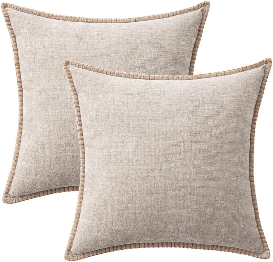 MIULEE Pack of 2 Couch Throw Pillow Covers 18x18 Inch Light Brown Farmhouse Decorative Pillow Covers with Stitched Edge Soft Chenille Solid Dyed Pillow Covers for Sofa Bed Living Room