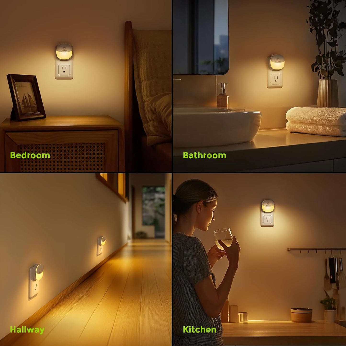 AUVON Plug in Night Light with Motion Sensor and Dusk to Dawn Sensor, Mini Warm White LED Nightlight with 1-50 lm Adjustable Brightness for Bathroom, Hallway, Stairs, Bedroom, Kitchen, 4 Packs