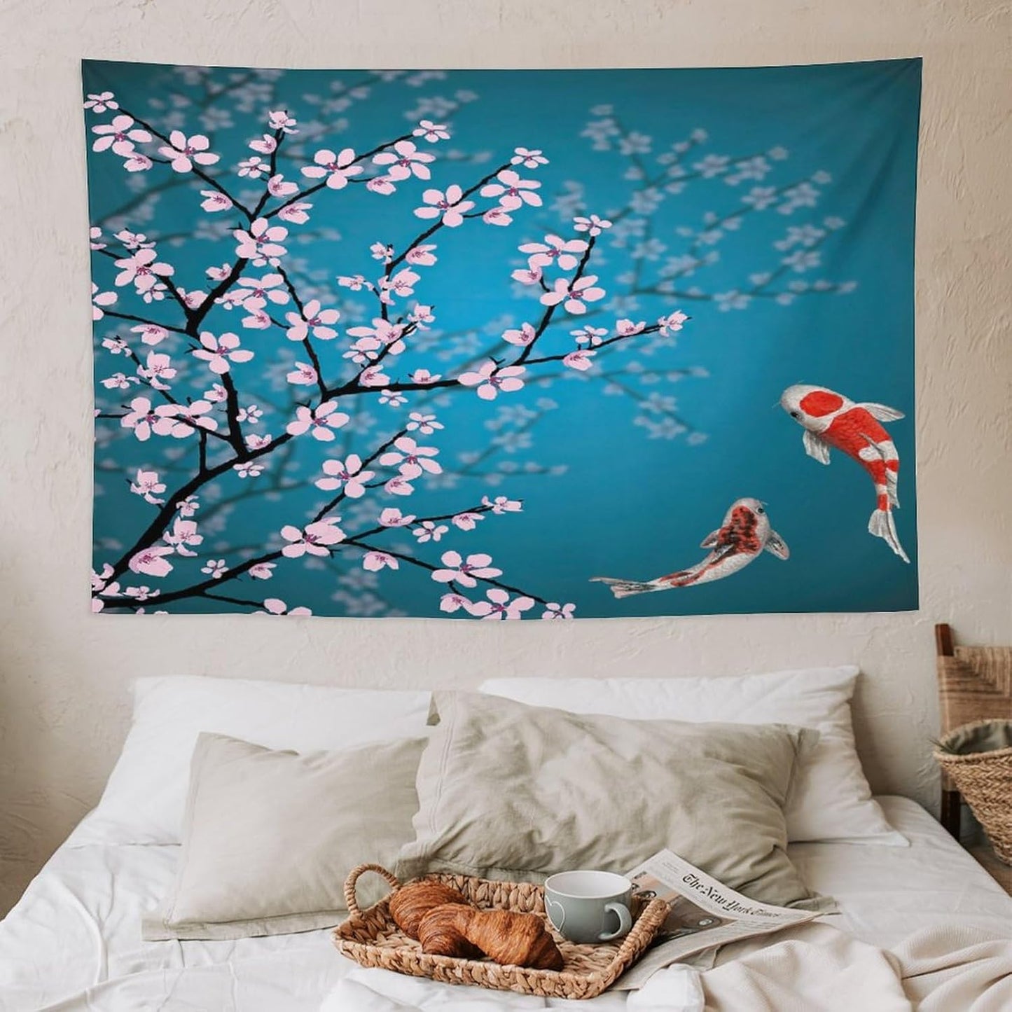 Houselerax Japanese Koi Fish Tapestry, Cherry Blossoms Asian Oriental Green Teal Flower Branch Koi Fish Carp Tapestries Wall Hanging for Bedroom Living Room Office Decor 60"x40"