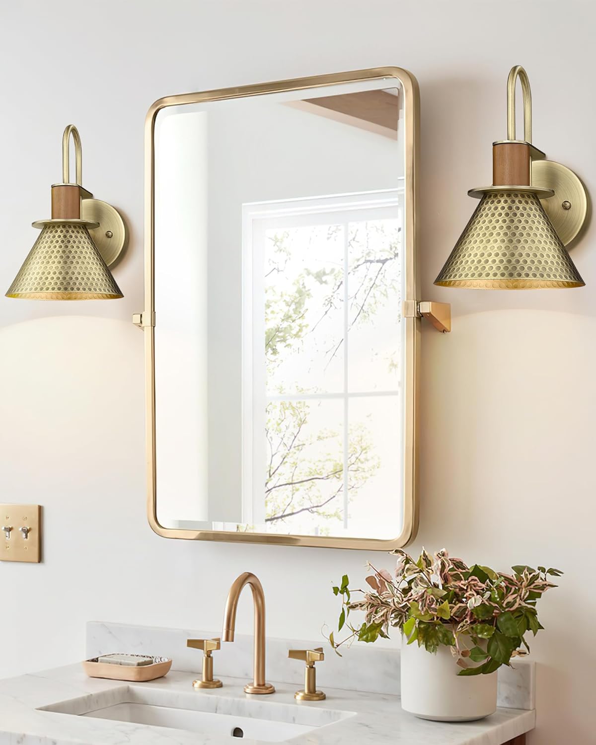 Industrial Wall Sconces Set of Two, HWH Indoor Wall Light Fixtures Gooseneck Barn Light, Single Wall Vanity Lamp for Bedroom Bedside Kitchen, Hammered Metal Shade, Antique Brass Finish, 5HZG74B-2L BG