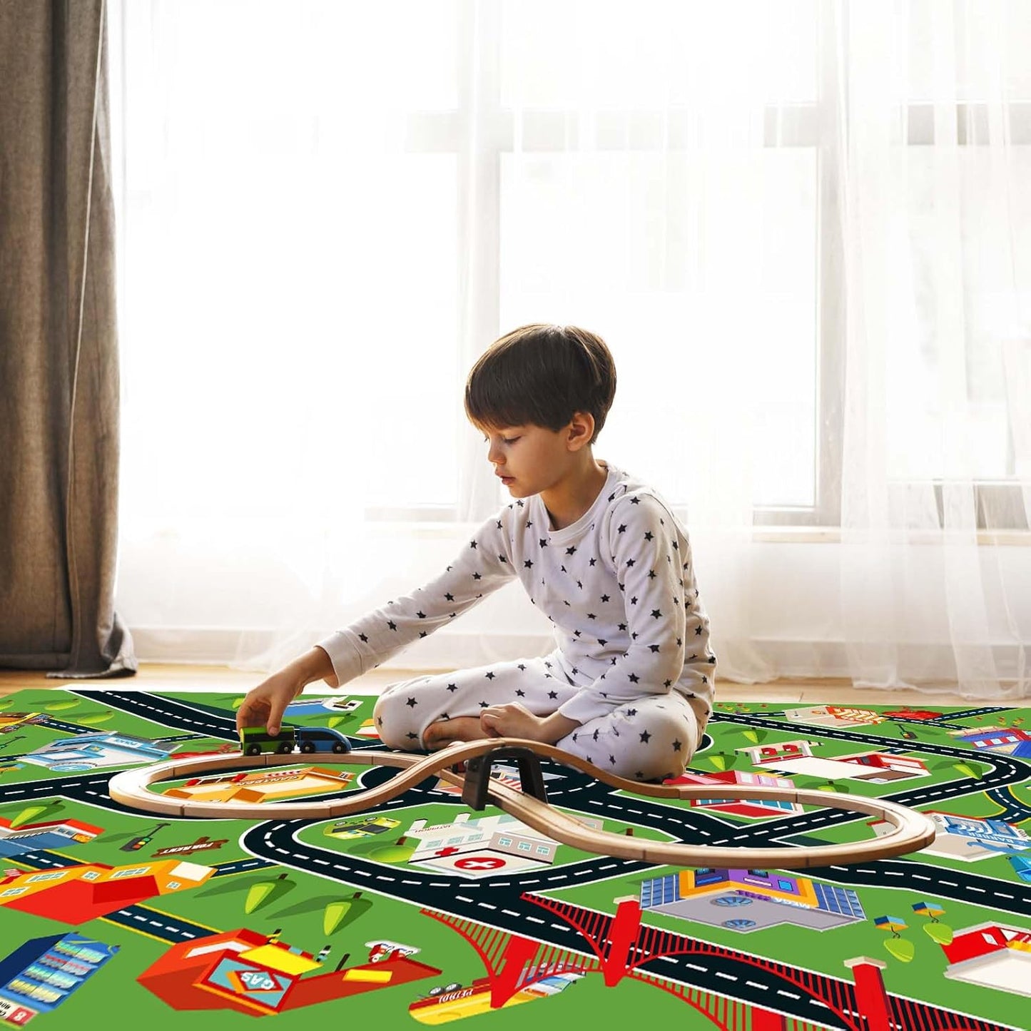 Kids Rug Car Rugs for Kids Toy Cars Play Mat with Rubber Backing City Life Road Rug for Cars Fun City Map for Carpet for Bedroom Boys (RED-Rug, 5.2x7.9ft)