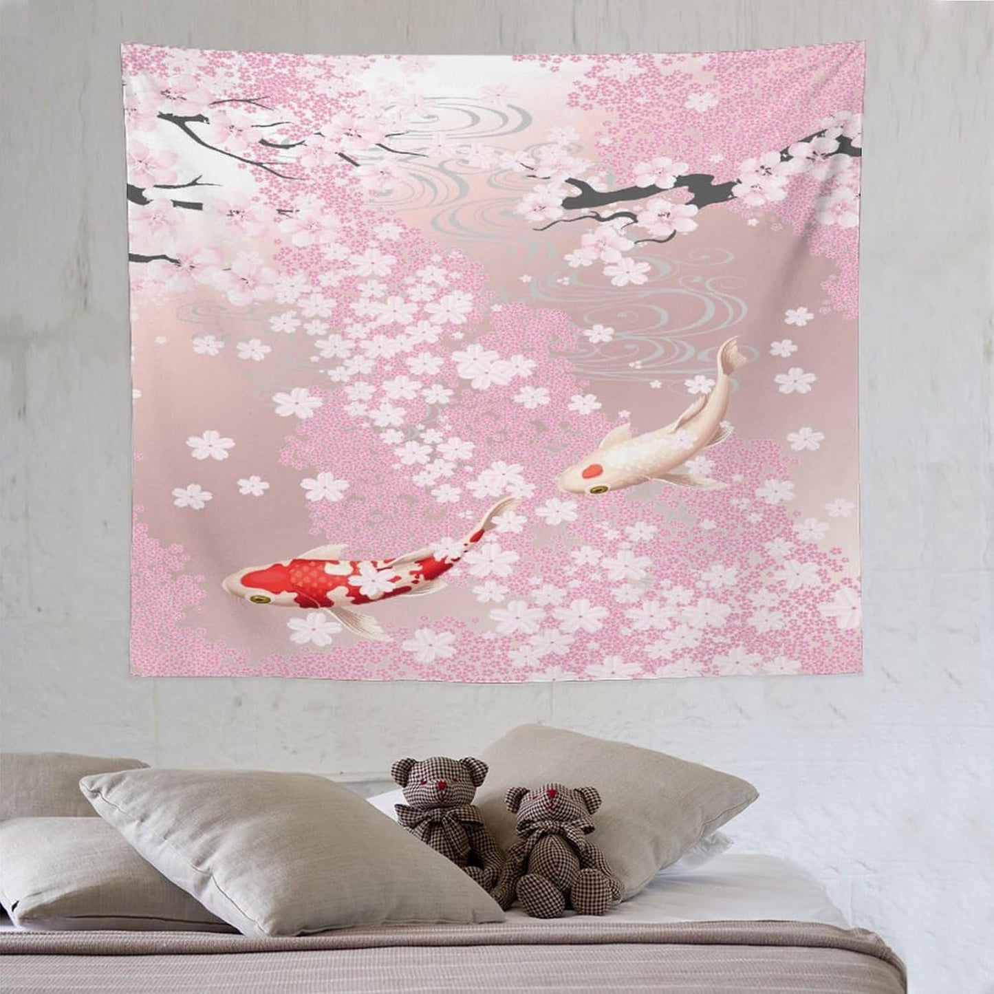 Houselerax Japanese Koi Fish Tapestry, Cherry Blossoms Asian Oriental Pink Flower Branch Koi Fish Carp Tapestries Wall Hanging for Bedroom Living Room Office Decor 60"x50"