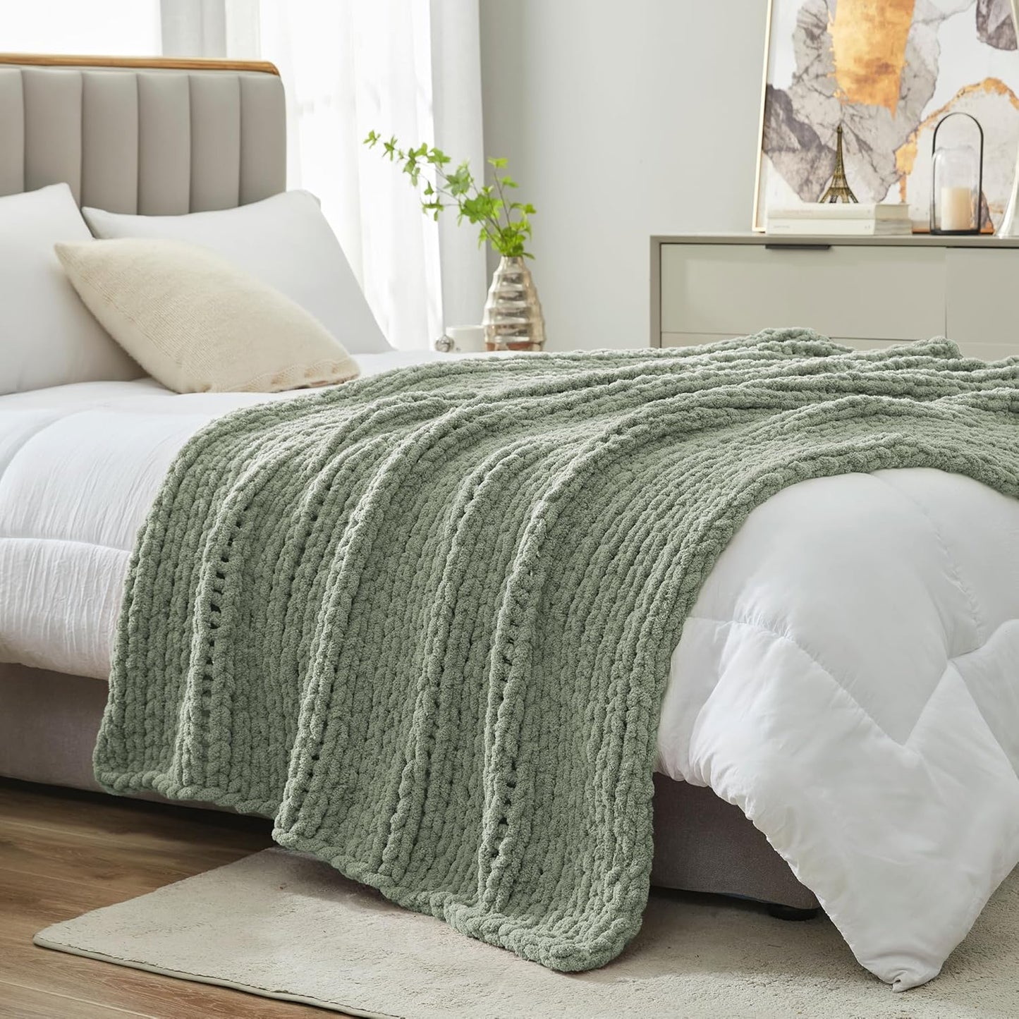 Amélie Home Chunky Knit Throw Blanket for Couch, Soft Chenille Crochet Blanket for Children, 40"x50", Sage Green