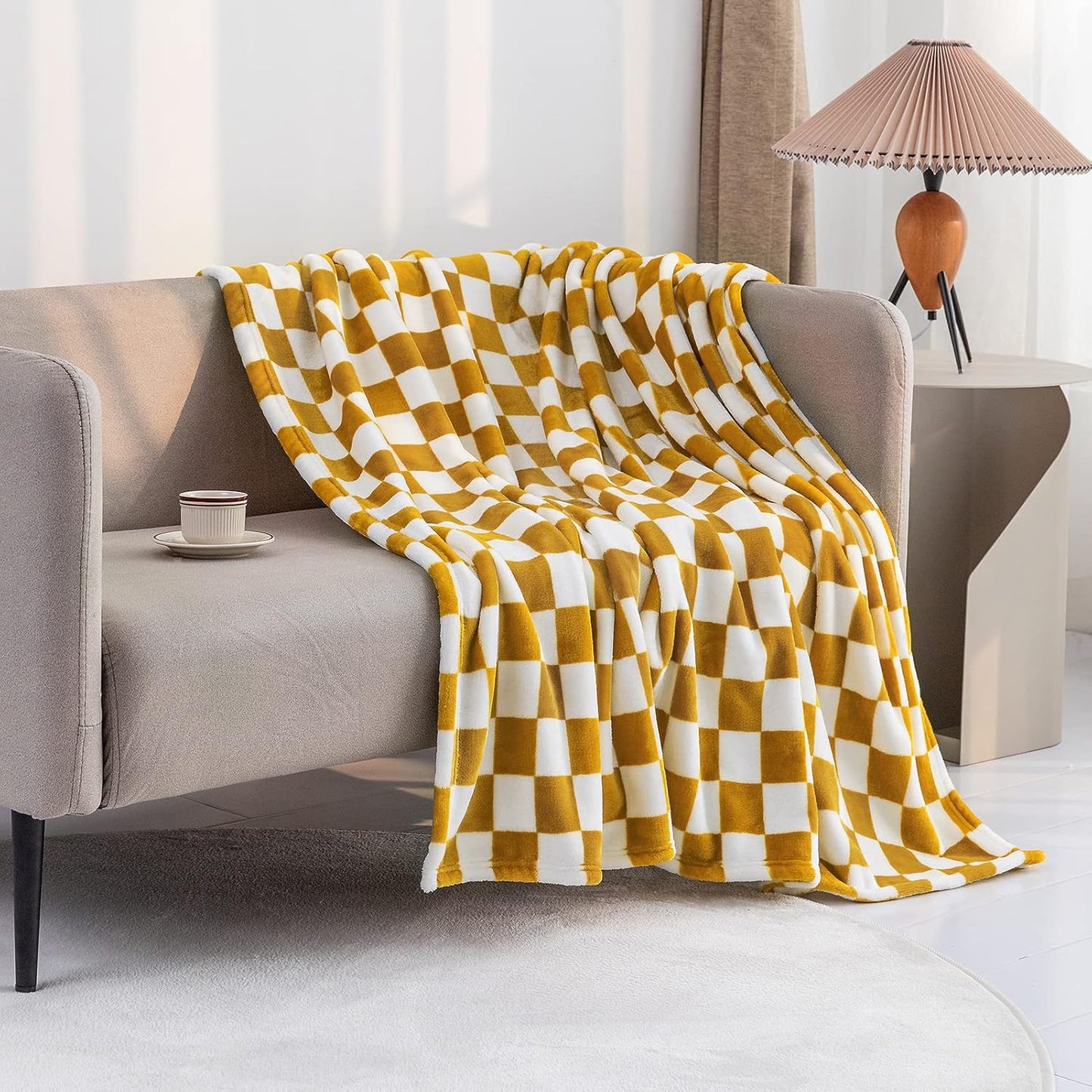 LOMAO Throw Blankets Flannel Blanket with Checkerboard Grid Pattern Soft Throw Blanket for Couch, Bed, Sofa Luxurious Warm and Cozy for All Seasons (Yellow, 90"x90")