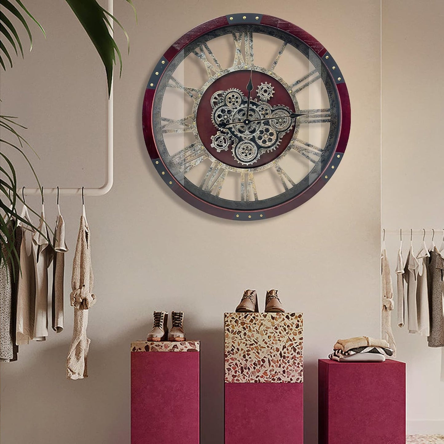 DORBOKER 36" Original Moving Gears Wall Clock, Large Industrial Wall Clock for Living Room Decor,Oversized Wood Vintage Farmhouse Steampunk Rustic Clocks for Wall Decor,Cherry Red