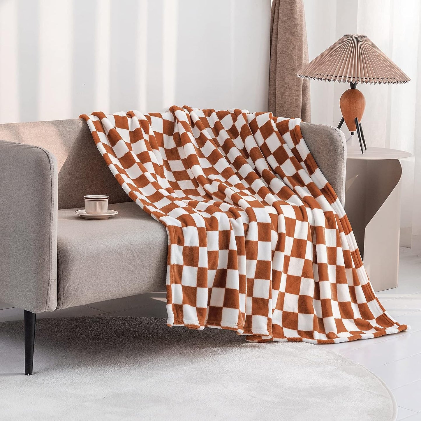 LOMAO Throw Blankets Flannel Blanket with Checkerboard Grid Pattern Soft Throw Blanket for Couch, Bed, Sofa Luxurious Warm and Cozy for All Seasons (Maple Brown, 90"x110")