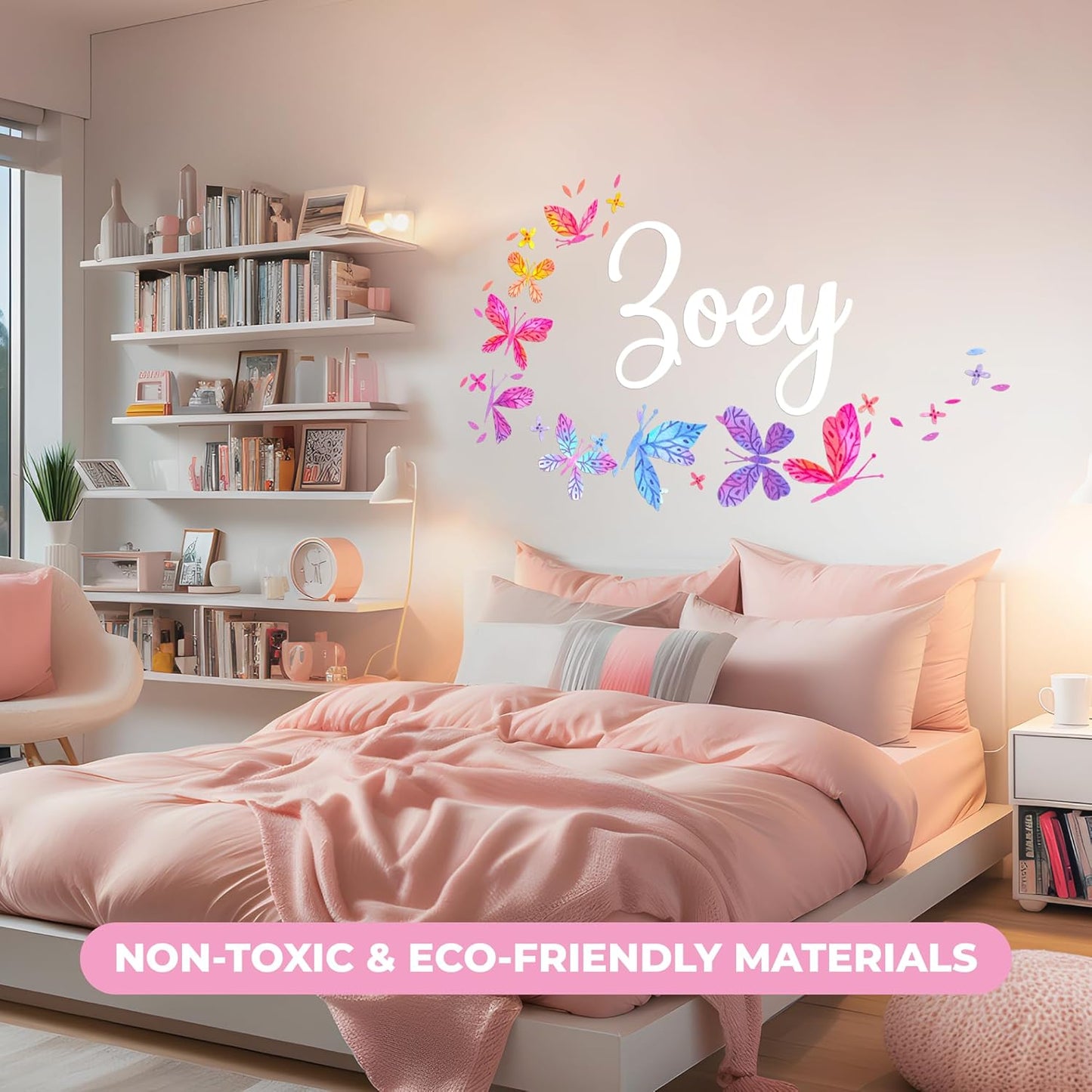 Personalized Name Wall Decals for Girls Bedroom - Butterfly Pink Room Decor with Rainbow Options - Multiple Sizes