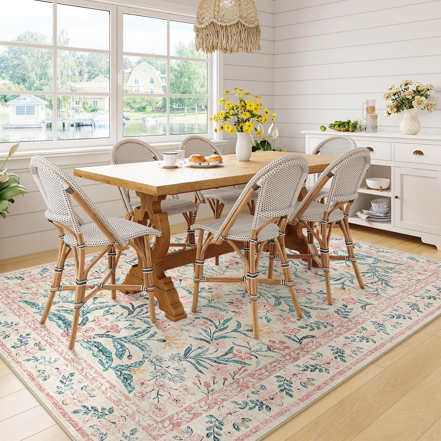 Wonnitar Washable Area Rug 6x9, Pink Floral Rugs for Bedroom Girls Soft Living Room Carpet Ultra-Thin, Boho Non Slip Non-Shedding Pastel Nursery Carpet for Kids Room Playroom Dorm