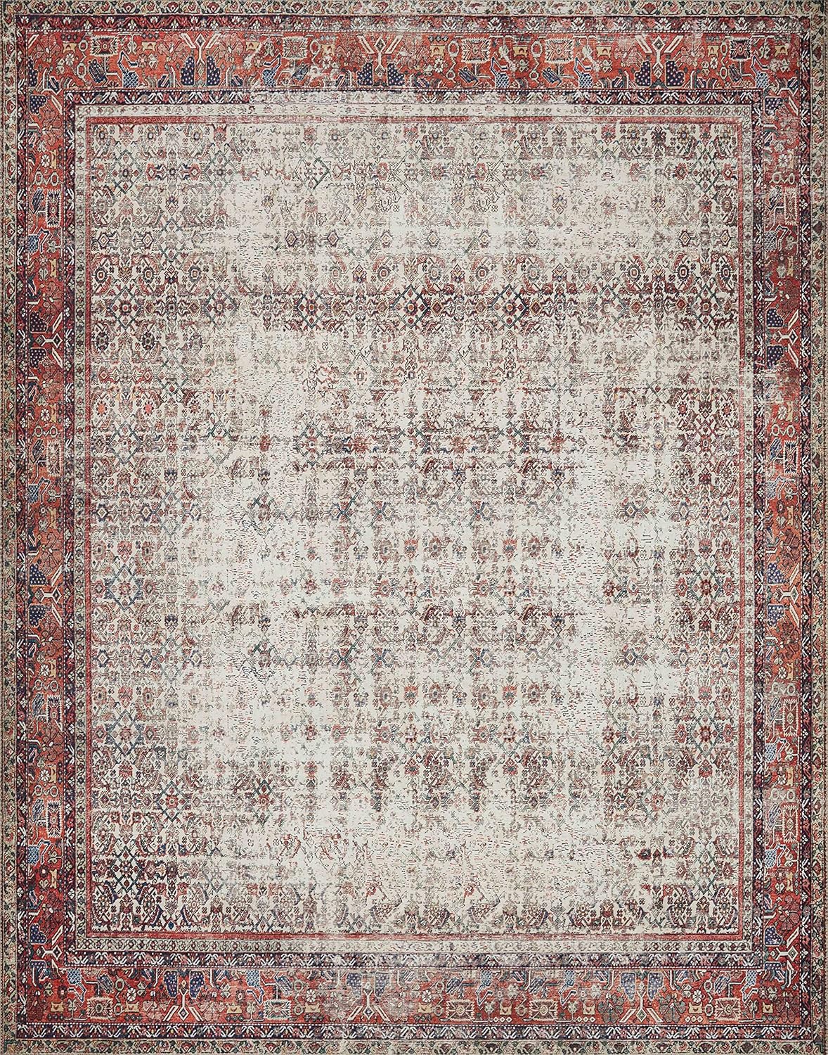Loloi Layla Collection LAY-12 Ivory/Brick 7'-6" x 9'-6" .13" Thick Area Rug, Soft, Durable, Vintage Inspired, Distressed, Low Pile, Non-Shedding, Easy Clean, Printed, Living Room Rug