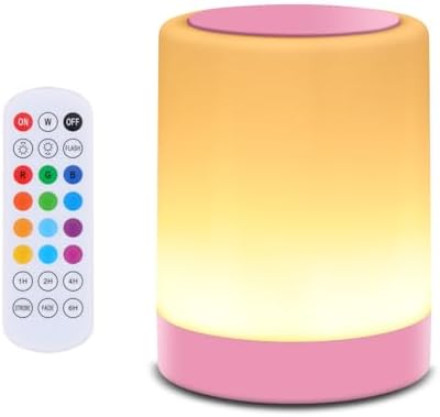 OORUN Touch Bedside Table Lamp,13 RGB Colors & 5 Brightness, USB Rechargeable Desk Lamp, Remote Control Dimmable Night Light with RGB Color Changing,Portable Lamp for Baby, Bedroom, Living Room (Pink) by Unknown