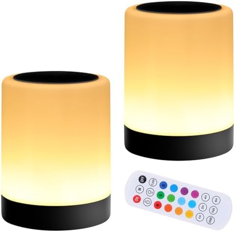 OORUN Touch Bedside Table Lamp,13 RGB Colors & 5 Brightness, USB Rechargeable Desk Lamp, Remote Control Dimmable Night Light with RGB Color Changing,Portable Lamp for Baby (2 Pack Black) by Unknown