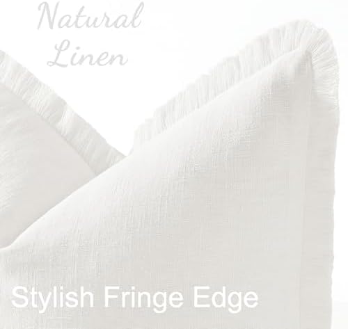 decorUhome Linen Fringe Cream White Throw Pillow Covers 18x18 Set of 2 - Image 2