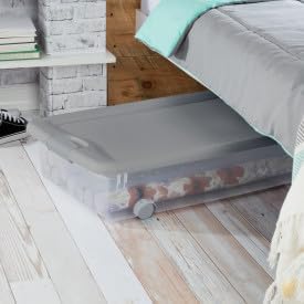 Sterilite 8 Pack Wheeled Under Bed Storage Container, 56 Qt Plastic Bin with Latching Lid for Organization - Clothes & Shoes Organizer, Silver Tint