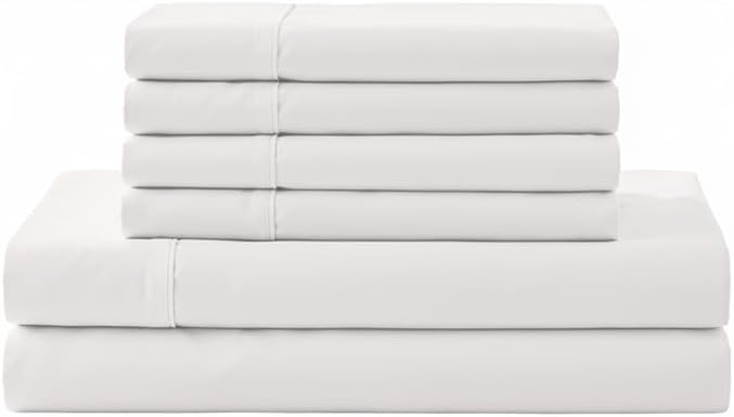 Linen Home 100% Cotton Percale Sheet Set, Full Size, Snow White, Deep Pocket, 6 Pieces Set - 1 Flat, 1 Deep Pocket Fitted Sheet and 4 Pillowcases, Crisp Cool and Strong Bed Linen