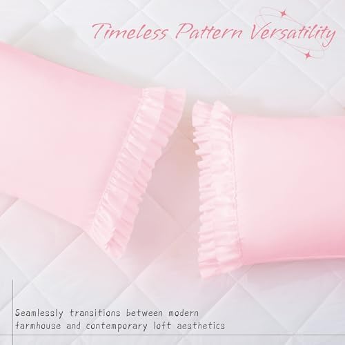 Vonty Pink Ruffled Pillow Cases Set of 2, Body Size, 20x54 Inch - Image 2