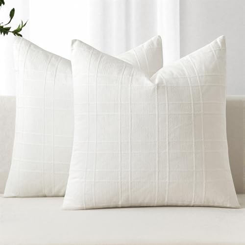 MIULEE Linen Plaid Pillow Covers Decorative Euro 28x28 Cream White by MIULEE
