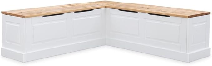 Riverbay Furniture 18" High Transitional Backless Wood Corner Kitchen Breakfast Nook Bench, with Hidden Storage, in White & Natural Finish