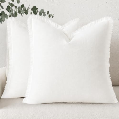 decorUhome Linen Fringe Cream White Throw Pillow Covers 18x18 Set of 2 by decorUhome