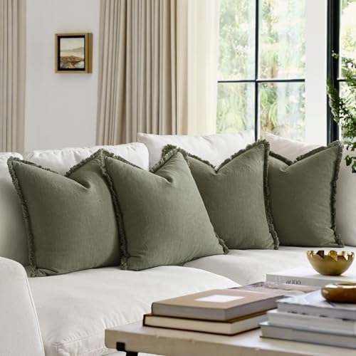MIULEE Fall Linen Fringe Pillow Covers Set of 4 18x18 Olive Green - Image 4