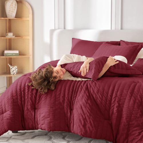 MUXHOMO 7 Pieces California King Comforter Set, Seersucker Bed in a Bag Cal - Image 6