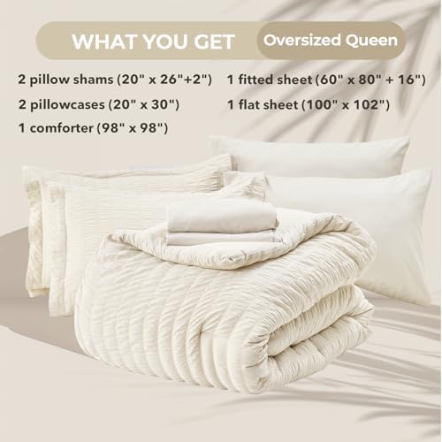HYMOKEGE Ivory Oversized Queen Comforter Set Seersucker 7 Pieces, All Season - Image 5