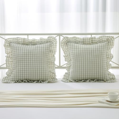 Mywinlle Gingham Ruffle Throw Pillow Shams, Muted Sage Green - Image 2