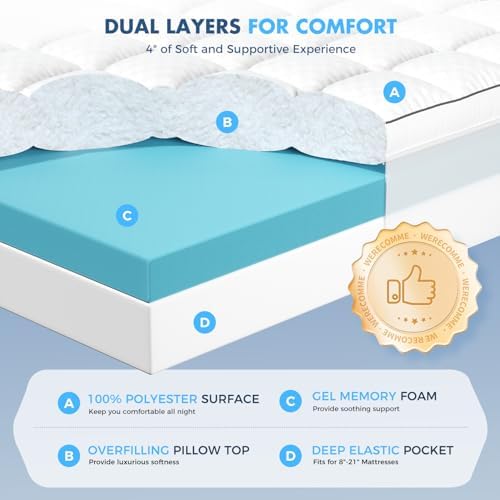 Dual Layer Memory Foam Mattress Topper, Full Mattress Pad, 4 Inch - Image 2