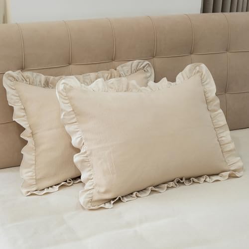 Pillow Shams Set of 2 Pure Cotton Champray Ruffled Edge, Thick and Solid Washed by GLORYSEASON
