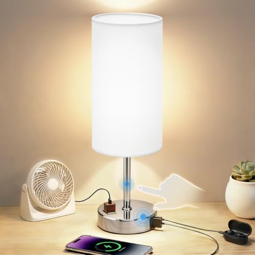 Table Lamp, Dimmable Touch, AC Outlet, USB A+C (White&Silver) by Unknown