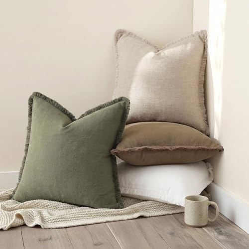 decorUhome Linen Fringe Olive Green Throw Pillow Covers 20x20 Set of 2 - Image 5