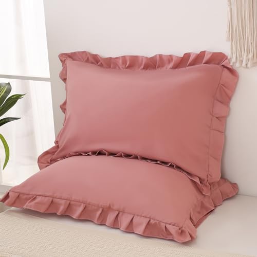 Pink Mocha Pillow Shams Cute Ruffle Queen Pillowcases Solid Pillow Cover Set of - Image 5