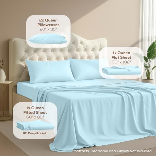 Queen Sheets Set, 4 Pieces 16" Deep Pocket Hotel Luxury Bedsheets, Ice Blue - Image 2