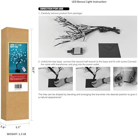 LIGHTSHARE 18 Inch Cherry Blossom Bonsai Tree, 48 LED Lights, RGB with Remote Control, 16 Color-Changing Modes, 24V UL Listed Adapter Included, Metal Base Ideal As Night Lights - Image 5