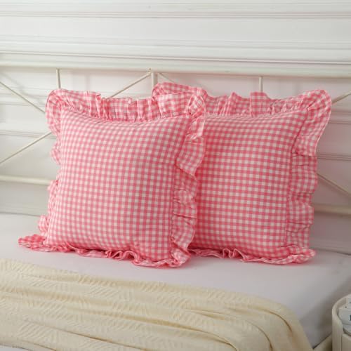 Mywinlle 2 Pack Vintage Light Pink Plaid Ruffle Throw Pillow Covers, Washed - Image 2