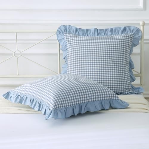 Mywinlle Dusty Blue Plaid Ruffle Gingham Throw Pillow Covers 18"x18" by Mywinlle