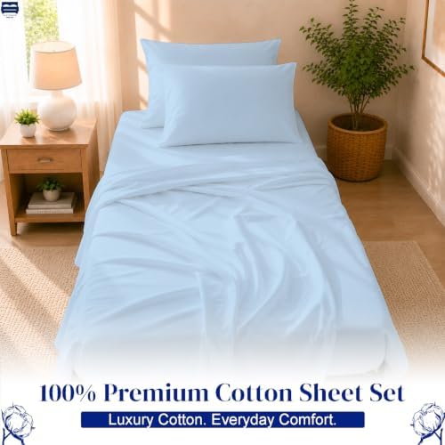 Cottingon 4 PC Cot Sheet Set 33"X75", Egyptian Cotton, Light Blue - Image 2