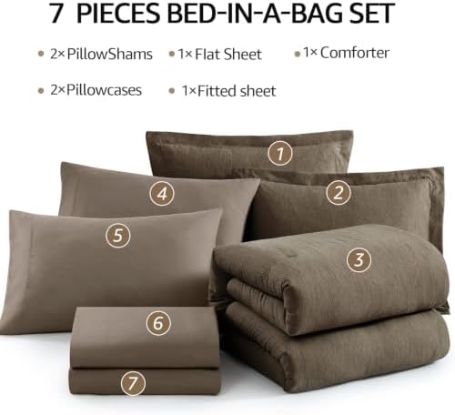 Monbix Queen Comforter Set 7 Pieces Cationic Dyeing Taupe Grey Bed in a Bag - Image 7