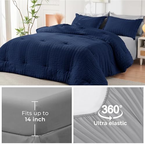 HYMOKEGE Navy Blue/Light Grey Oversized Queen Comforter Set Seersucker 7 Pieces - Image 6