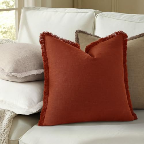 decorUhome Linen Fringe Rust Throw Pillow Covers 18x18 Set of 2 - Image 3