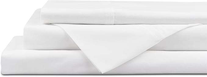 Linen Home 100% Cotton Percale Sheet Set, Twin Size, Snow White, Deep Pocket, 4 Pieces Set - 1 Flat, 1 Deep Pocket Fitted Sheet and 2 Pillowcases, Crisp Cool and Strong Bed Linen