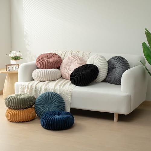 HIG Set of 2 Navy Flannel Decorative Round Pleated Throw Pillows - Image 5