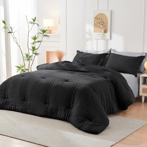 HYMOKEGE Black/Light Grey Oversized Queen Comforter Set Seersucker 7 Pieces - Image 7