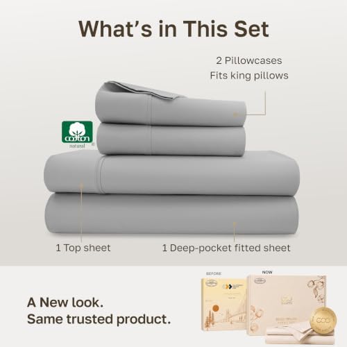 California Design Den Soft 100% Cotton Sateen King Sheets Set, Light Grey - Image 3