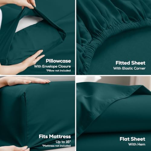 King Sheets Set, 4 Pieces 16" Deep Pocket Hotel Luxury Sheets, Teal Green - Image 3