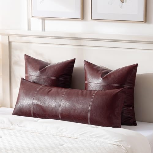 Fancy Homi Burgundy Boho Long Lumbar Faux Leather Decorative Throw Pillow - Image 2