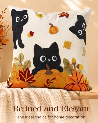 Fall Embroidered Throw Pillow Cover 18x18 Inch, Cat Pumpkin - Image 5