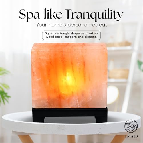 UMAID Himalayan Salt Lamp Rectangle, Natural Pink Rock Salt Lamp on Modern Wood Base with Night Light Bulb and Dimmable Cord, Spa Decor, Salt Massage Stones Ambiance, Meditation Accessories Decor Gift - Image 6