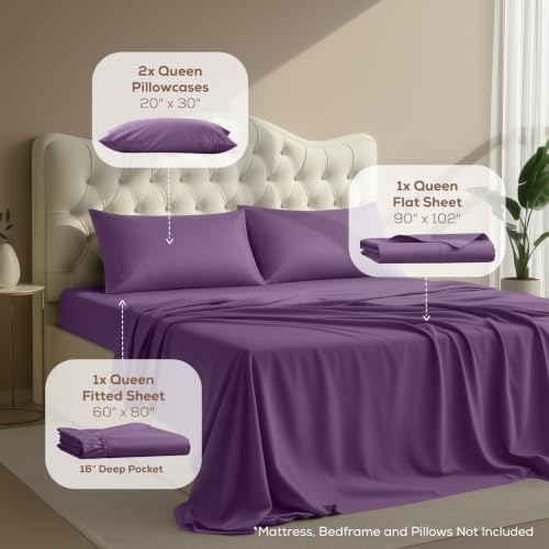 Queen Sheets Set, 4 Pieces 16" Deep Pocket Hotel Luxury Sheets, Egg Plant - Image 2